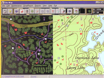 Hunting maps created by Smart Hunter software.  User-created map (L);  Scanned in topographical map (R).  Click map image for expanded view of maps.